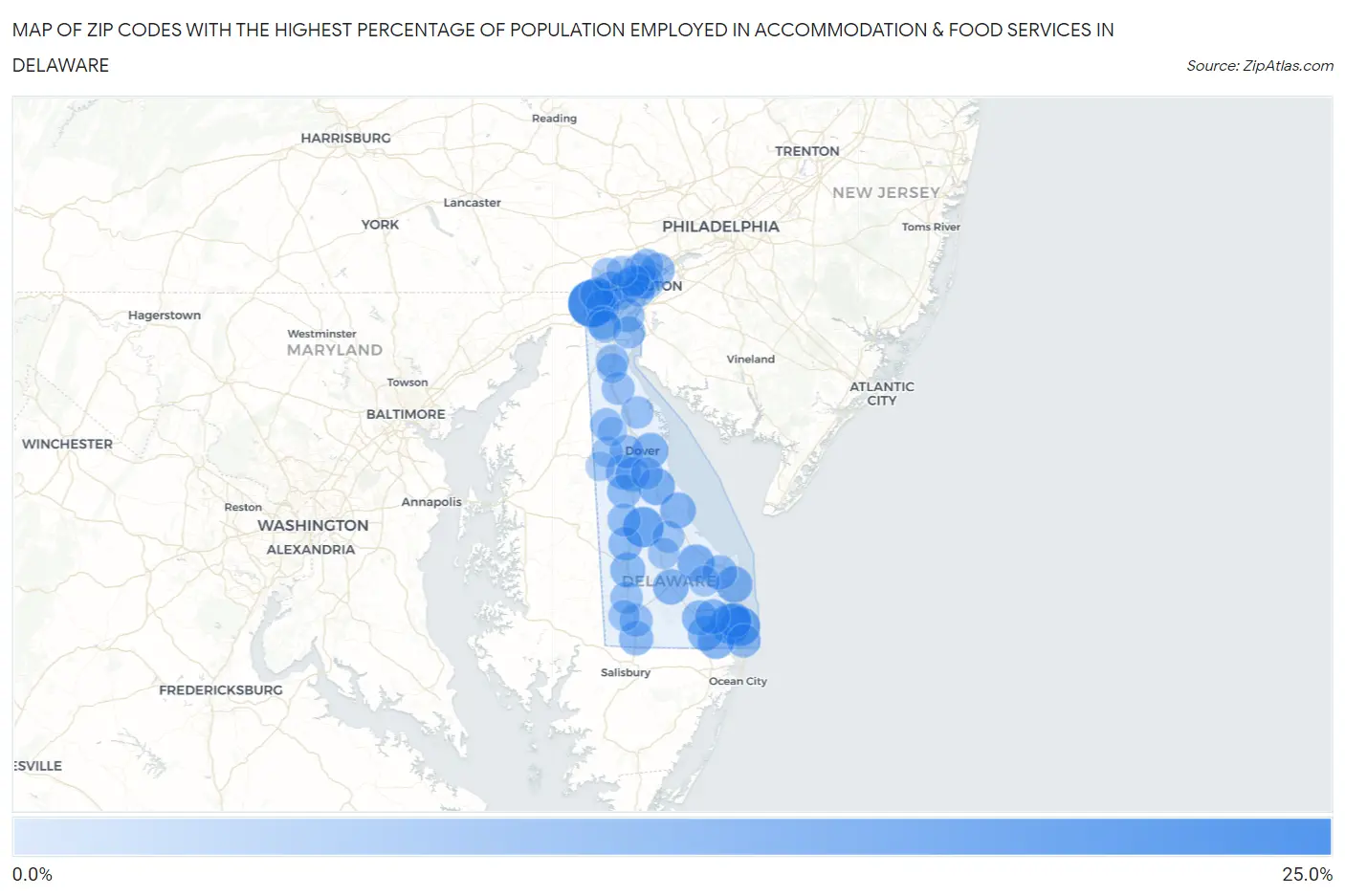 Zip Codes with the Highest Percentage of Population Employed in Accommodation & Food Services in Delaware Map