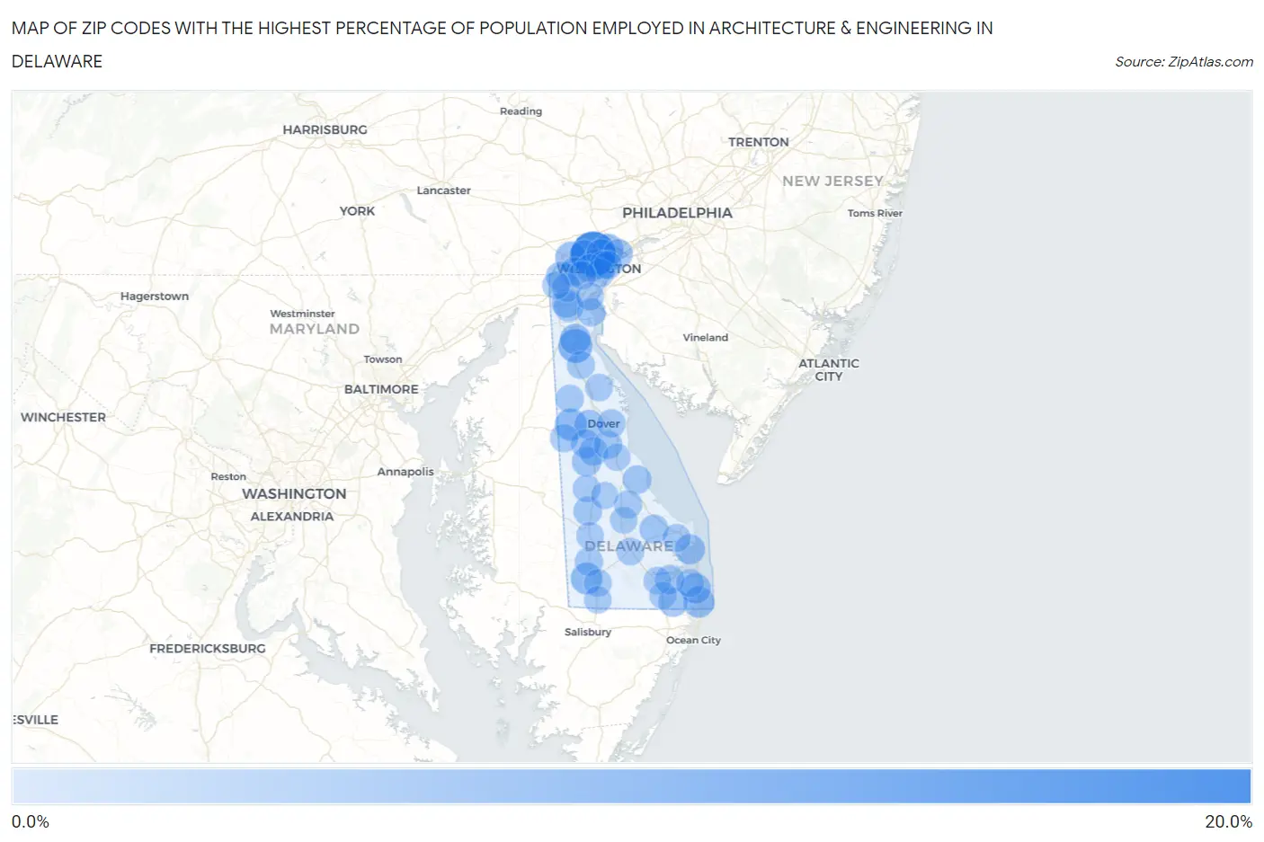 Zip Codes with the Highest Percentage of Population Employed in Architecture & Engineering in Delaware Map