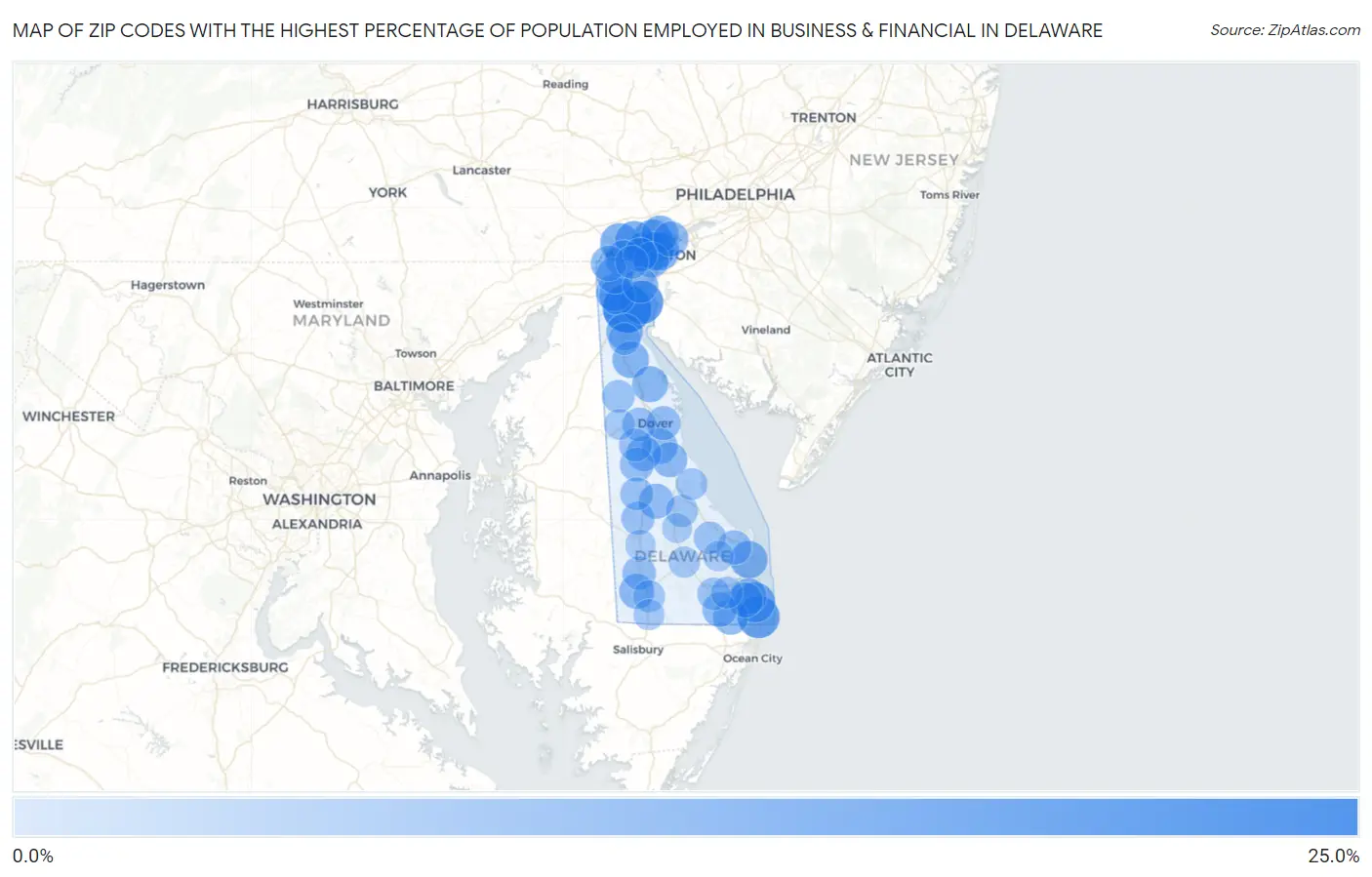 Zip Codes with the Highest Percentage of Population Employed in Business & Financial in Delaware Map