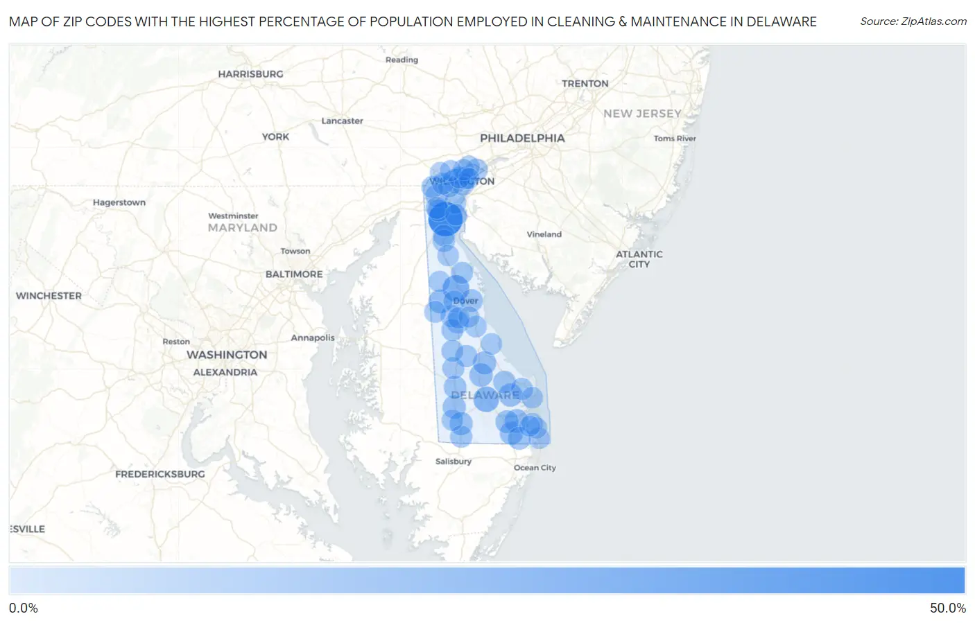 Zip Codes with the Highest Percentage of Population Employed in Cleaning & Maintenance in Delaware Map