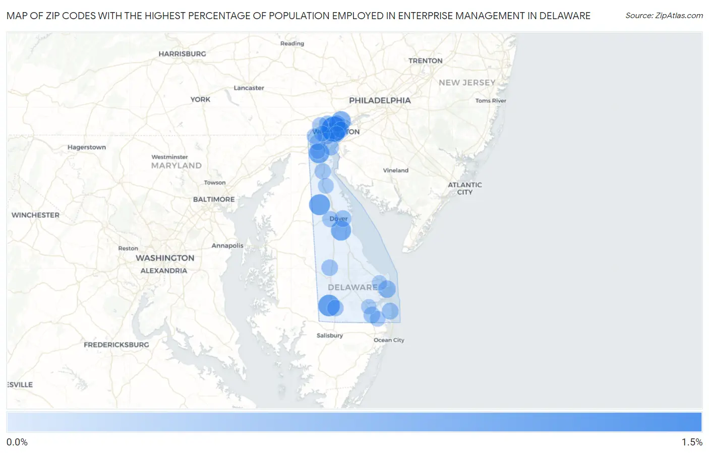 Zip Codes with the Highest Percentage of Population Employed in Enterprise Management in Delaware Map