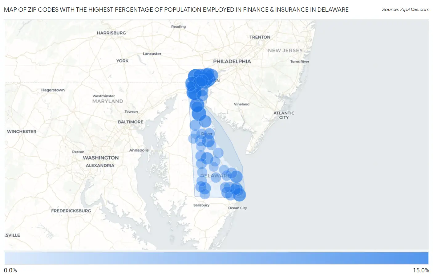 Zip Codes with the Highest Percentage of Population Employed in Finance & Insurance in Delaware Map