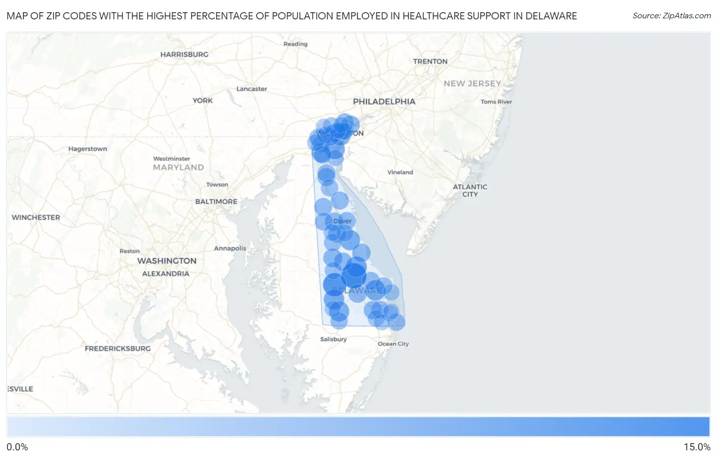 Zip Codes with the Highest Percentage of Population Employed in Healthcare Support in Delaware Map