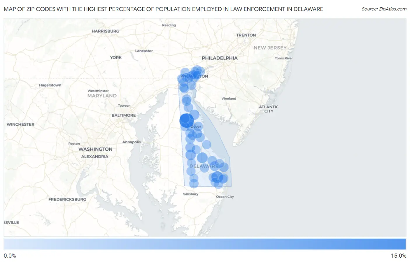 Zip Codes with the Highest Percentage of Population Employed in Law Enforcement in Delaware Map