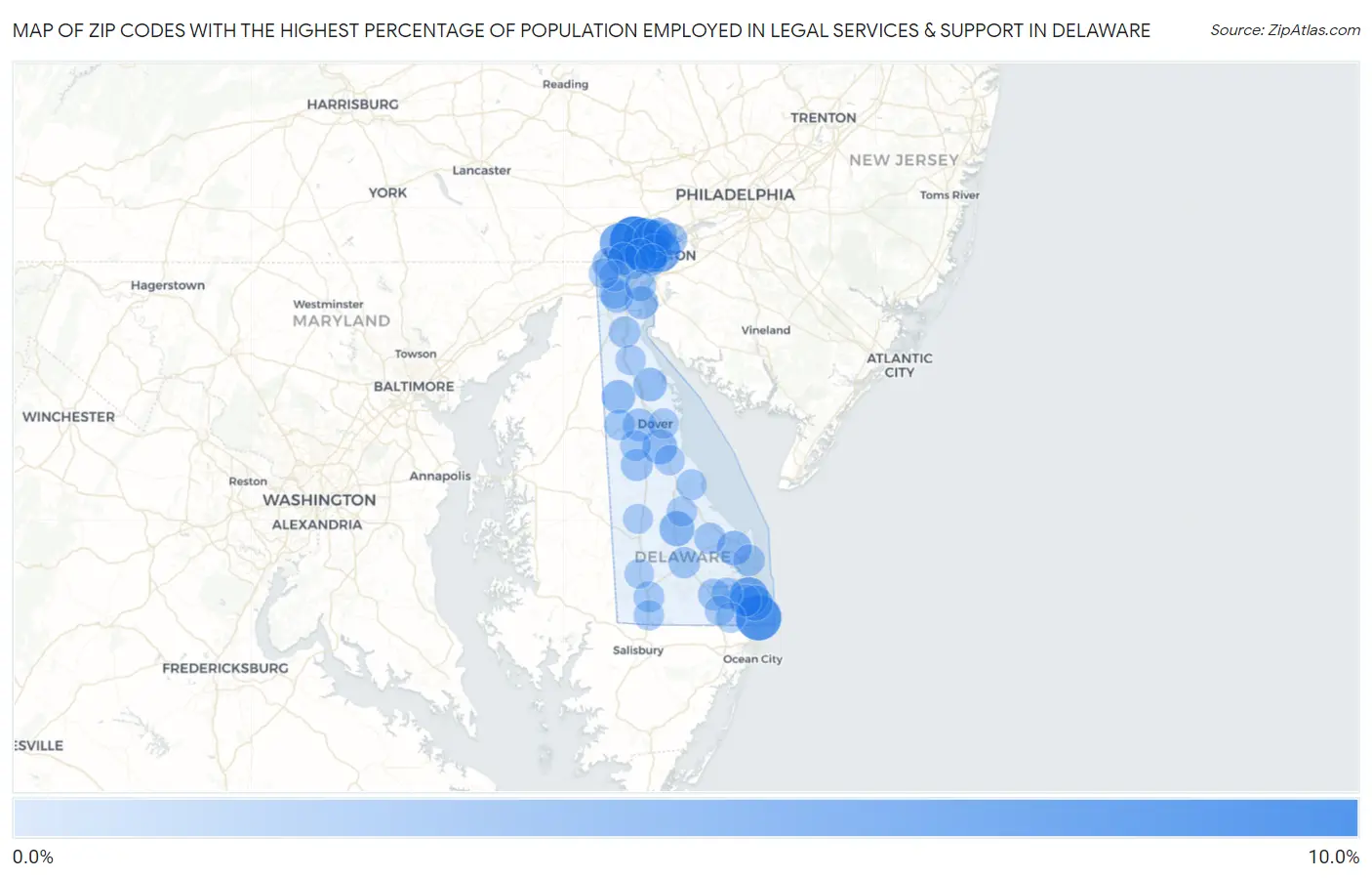 Zip Codes with the Highest Percentage of Population Employed in Legal Services & Support in Delaware Map