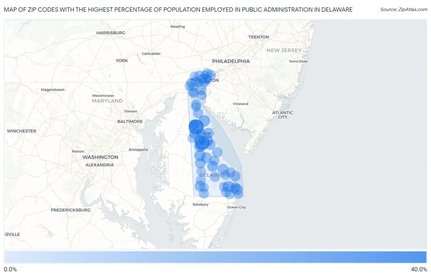 Zip Codes with the Highest Percentage of Population Employed in Public Administration in Delaware Map