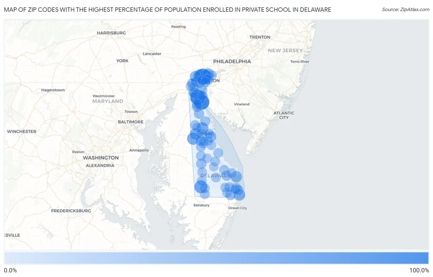 Zip Codes with the Highest Percentage of Population Enrolled in Private School in Delaware Map