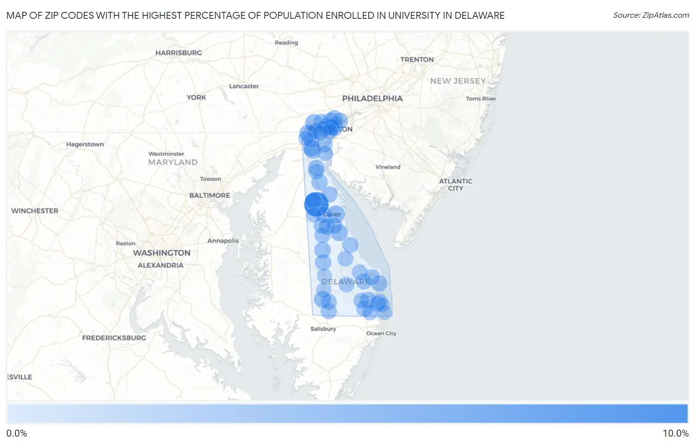Zip Codes with the Highest Percentage of Population Enrolled in University in Delaware Map