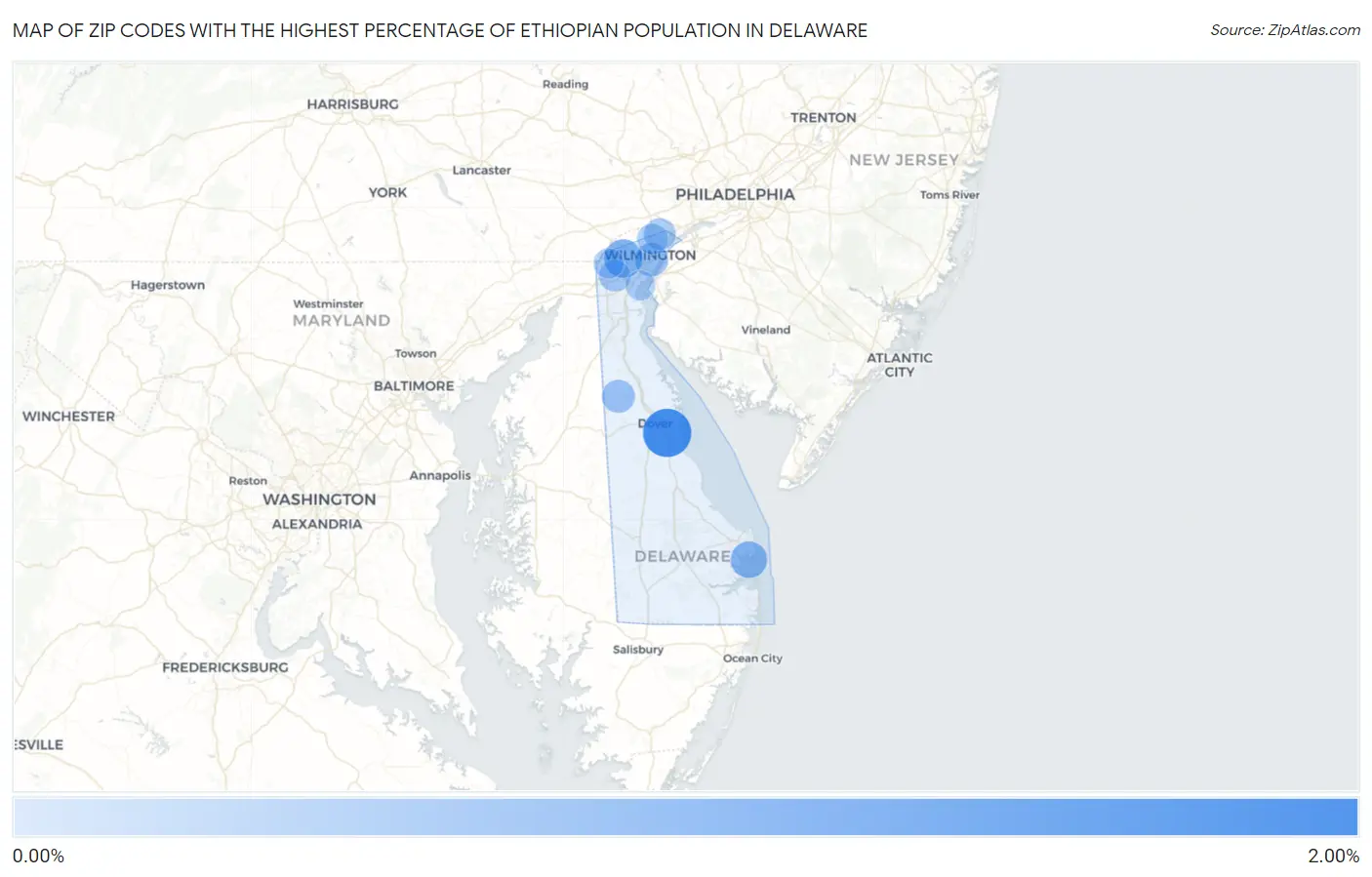 Zip Codes with the Highest Percentage of Ethiopian Population in Delaware Map