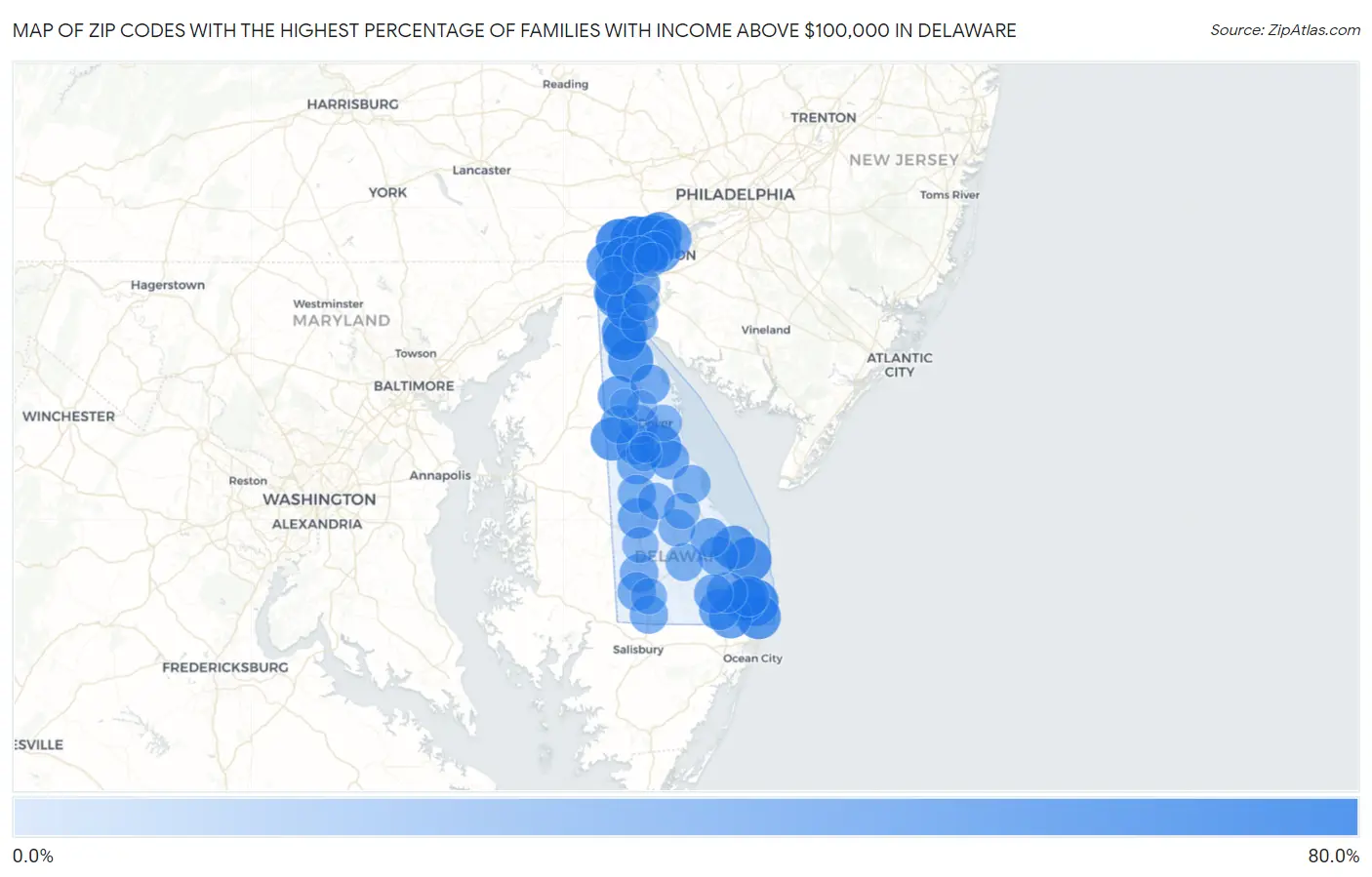 Zip Codes with the Highest Percentage of Families with Income Above $100,000 in Delaware Map