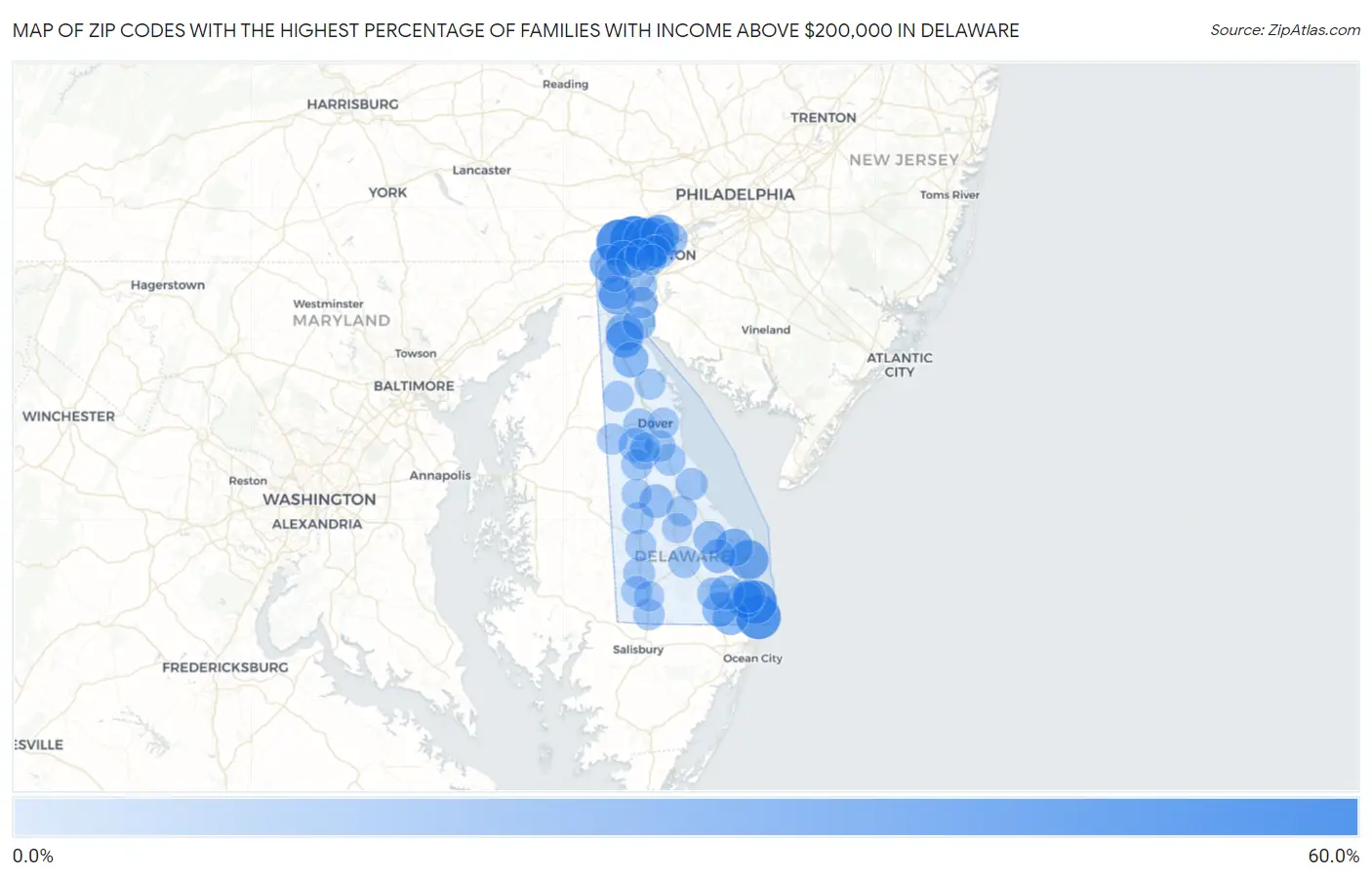 Zip Codes with the Highest Percentage of Families with Income Above $200,000 in Delaware Map