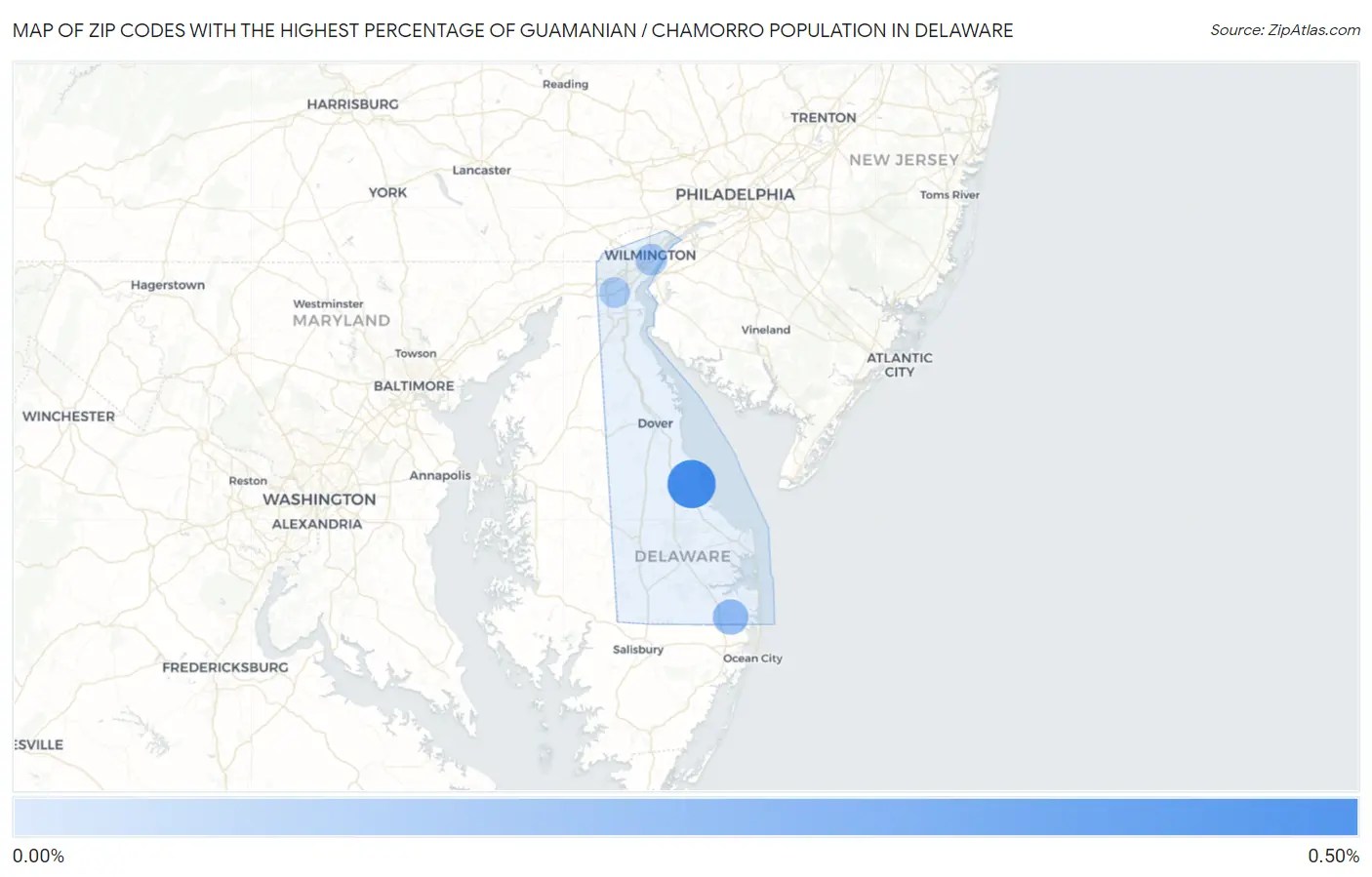 Zip Codes with the Highest Percentage of Guamanian / Chamorro Population in Delaware Map