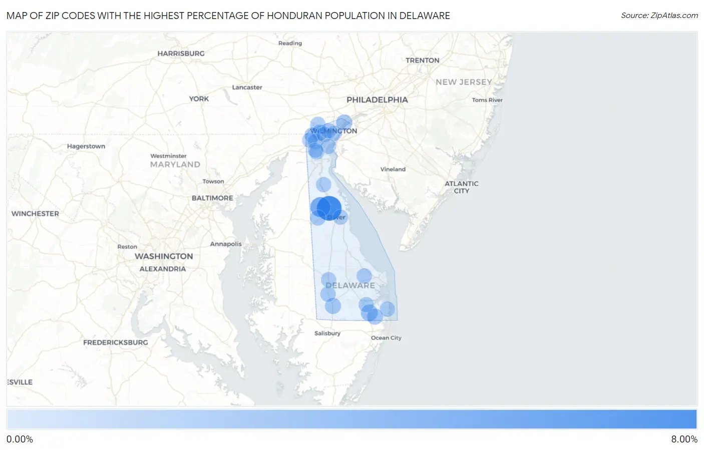 Zip Codes with the Highest Percentage of Honduran Population in Delaware Map