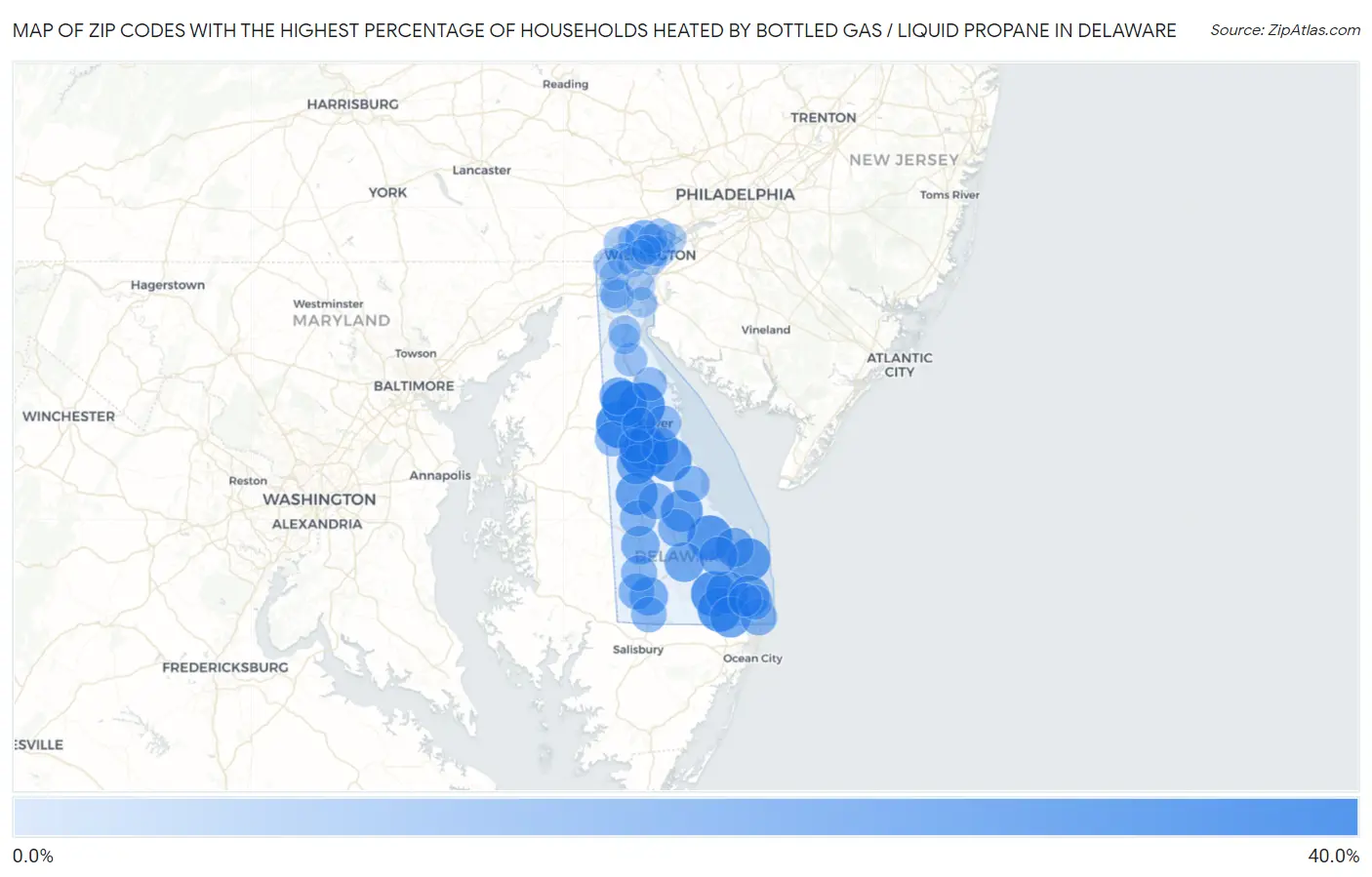 Zip Codes with the Highest Percentage of Households Heated by Bottled Gas / Liquid Propane in Delaware Map