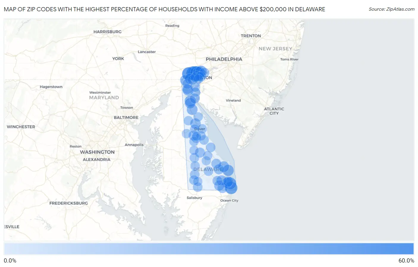 Zip Codes with the Highest Percentage of Households with Income Above $200,000 in Delaware Map
