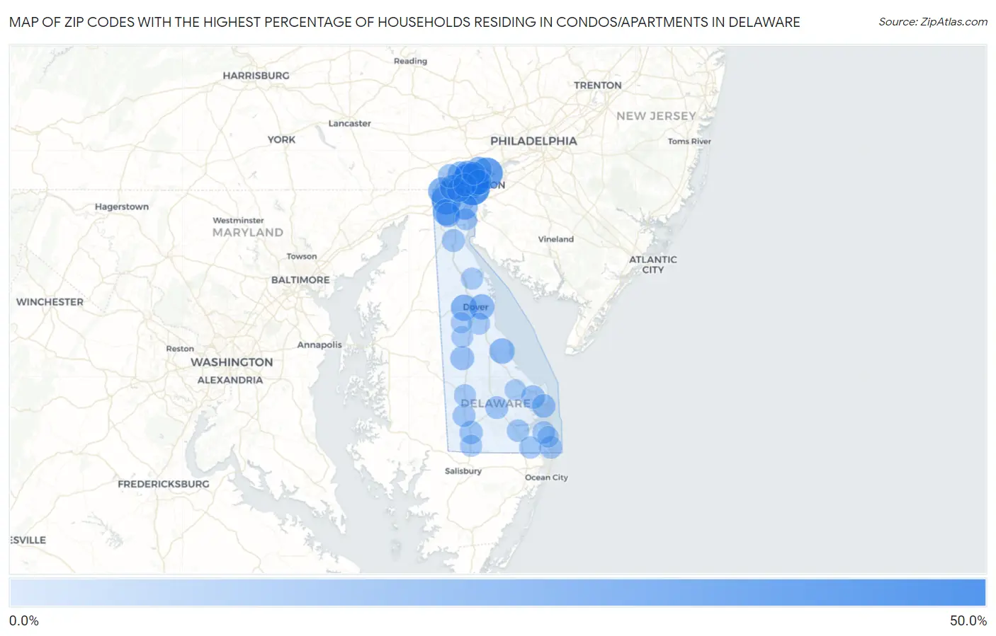 Zip Codes with the Highest Percentage of Households Residing in Condos/Apartments in Delaware Map