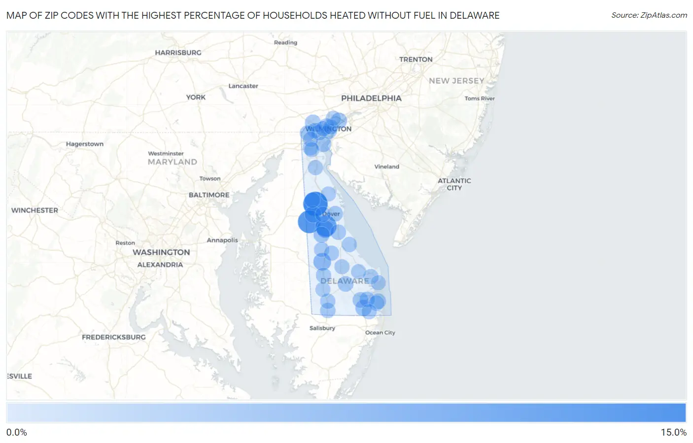 Zip Codes with the Highest Percentage of Households Heated without Fuel in Delaware Map