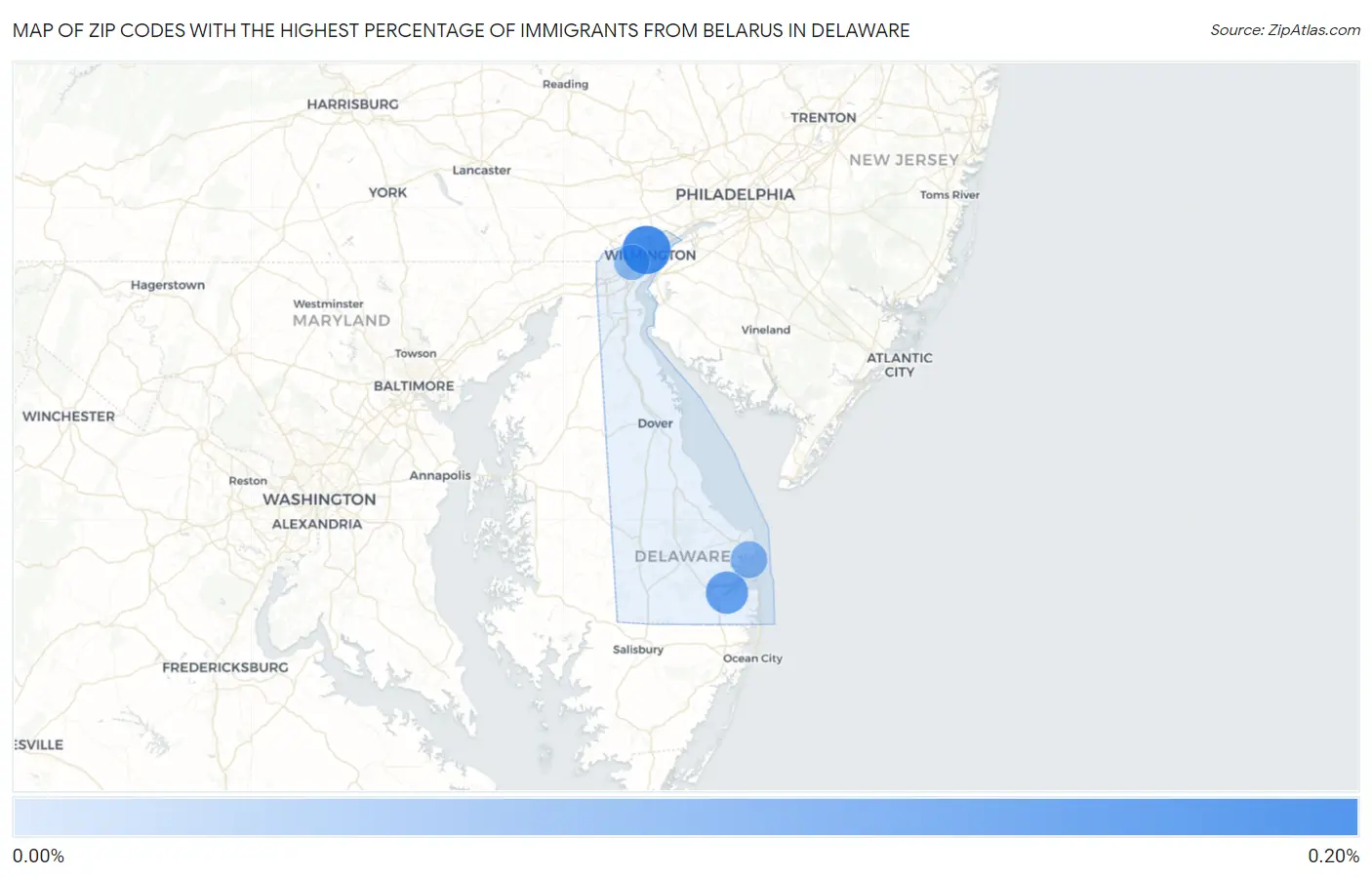 Zip Codes with the Highest Percentage of Immigrants from Belarus in Delaware Map