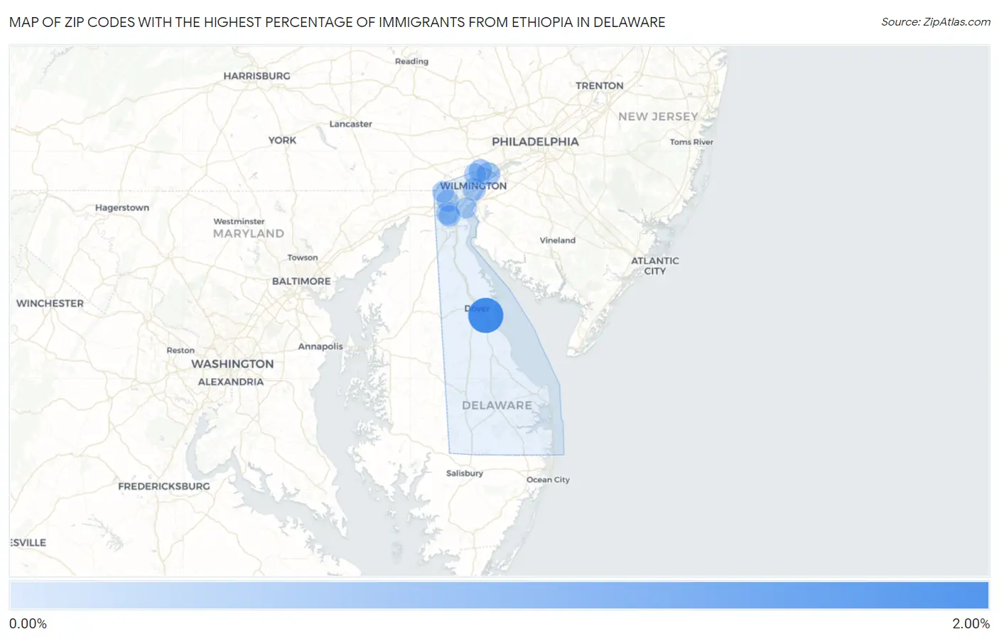 Zip Codes with the Highest Percentage of Immigrants from Ethiopia in Delaware Map