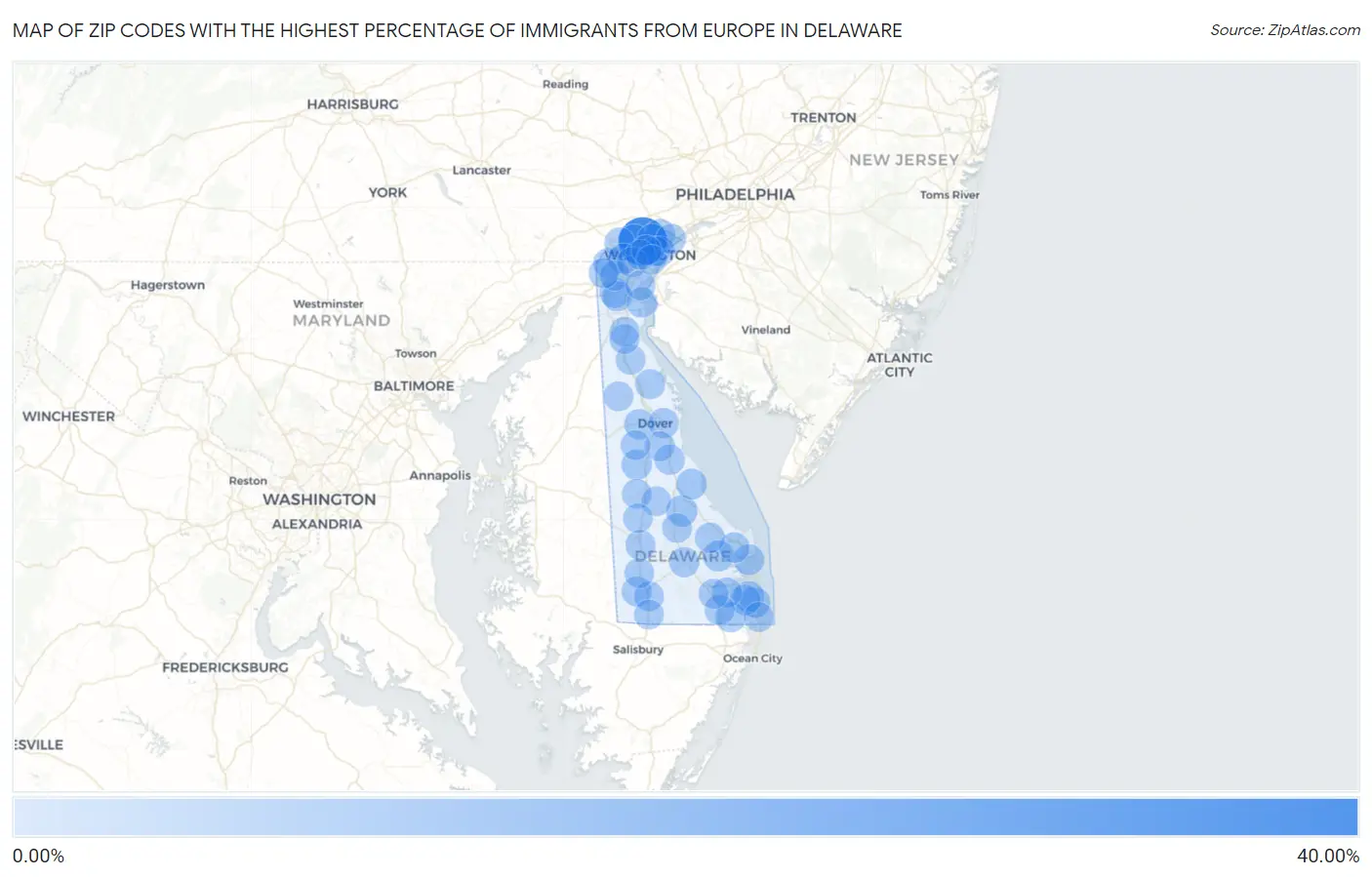 Zip Codes with the Highest Percentage of Immigrants from Europe in Delaware Map