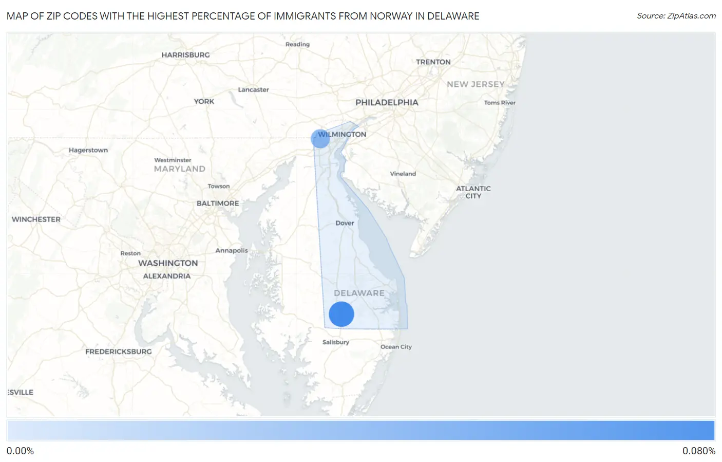 Zip Codes with the Highest Percentage of Immigrants from Norway in Delaware Map