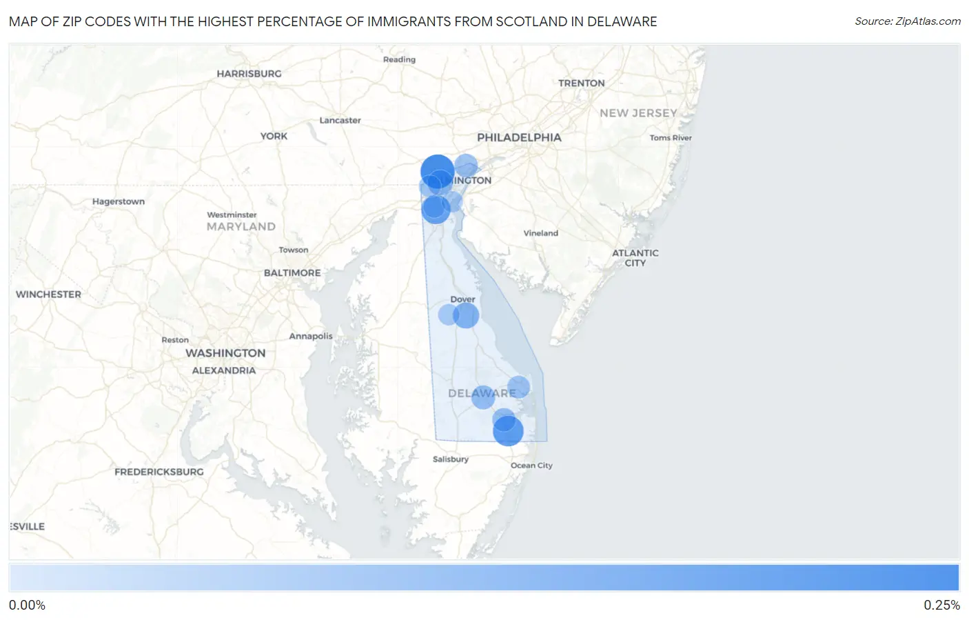 Zip Codes with the Highest Percentage of Immigrants from Scotland in Delaware Map