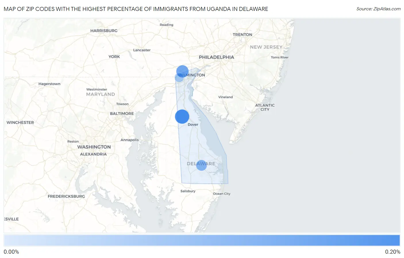 Zip Codes with the Highest Percentage of Immigrants from Uganda in Delaware Map