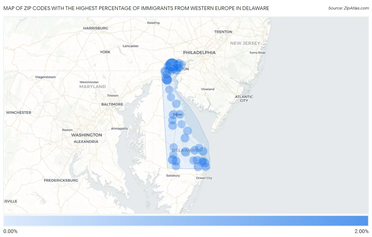 Zip Codes with the Highest Percentage of Immigrants from Western Europe in Delaware Map