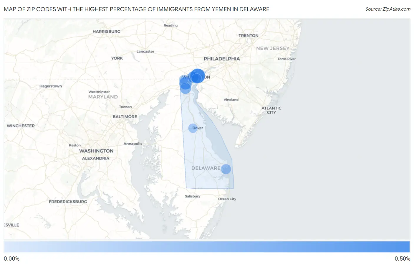 Zip Codes with the Highest Percentage of Immigrants from Yemen in Delaware Map