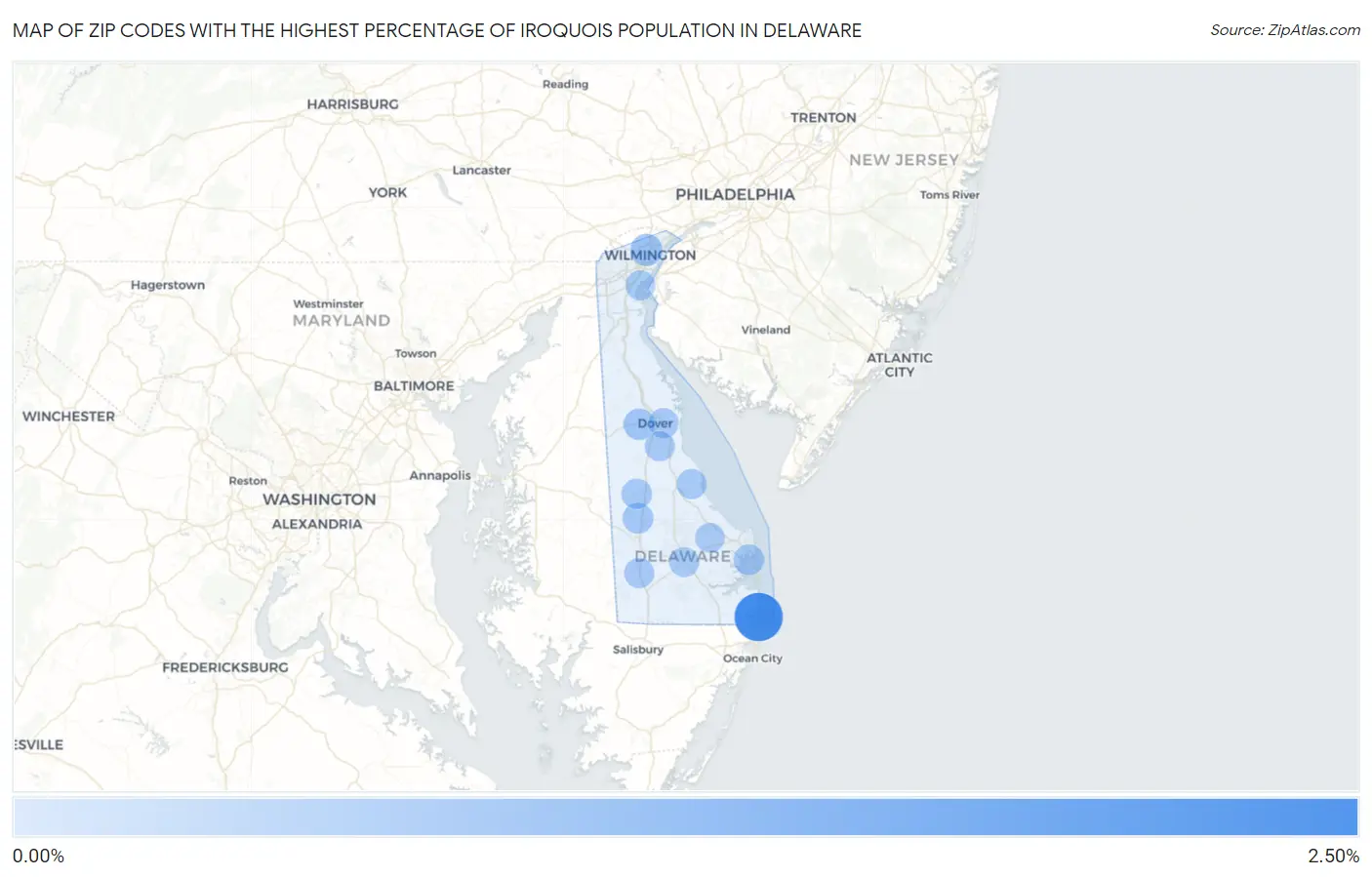 Zip Codes with the Highest Percentage of Iroquois Population in Delaware Map