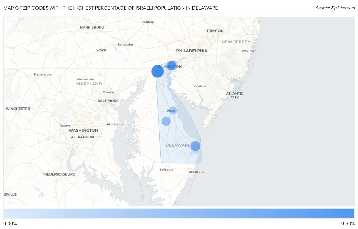Zip Codes with the Highest Percentage of Israeli Population in Delaware Map