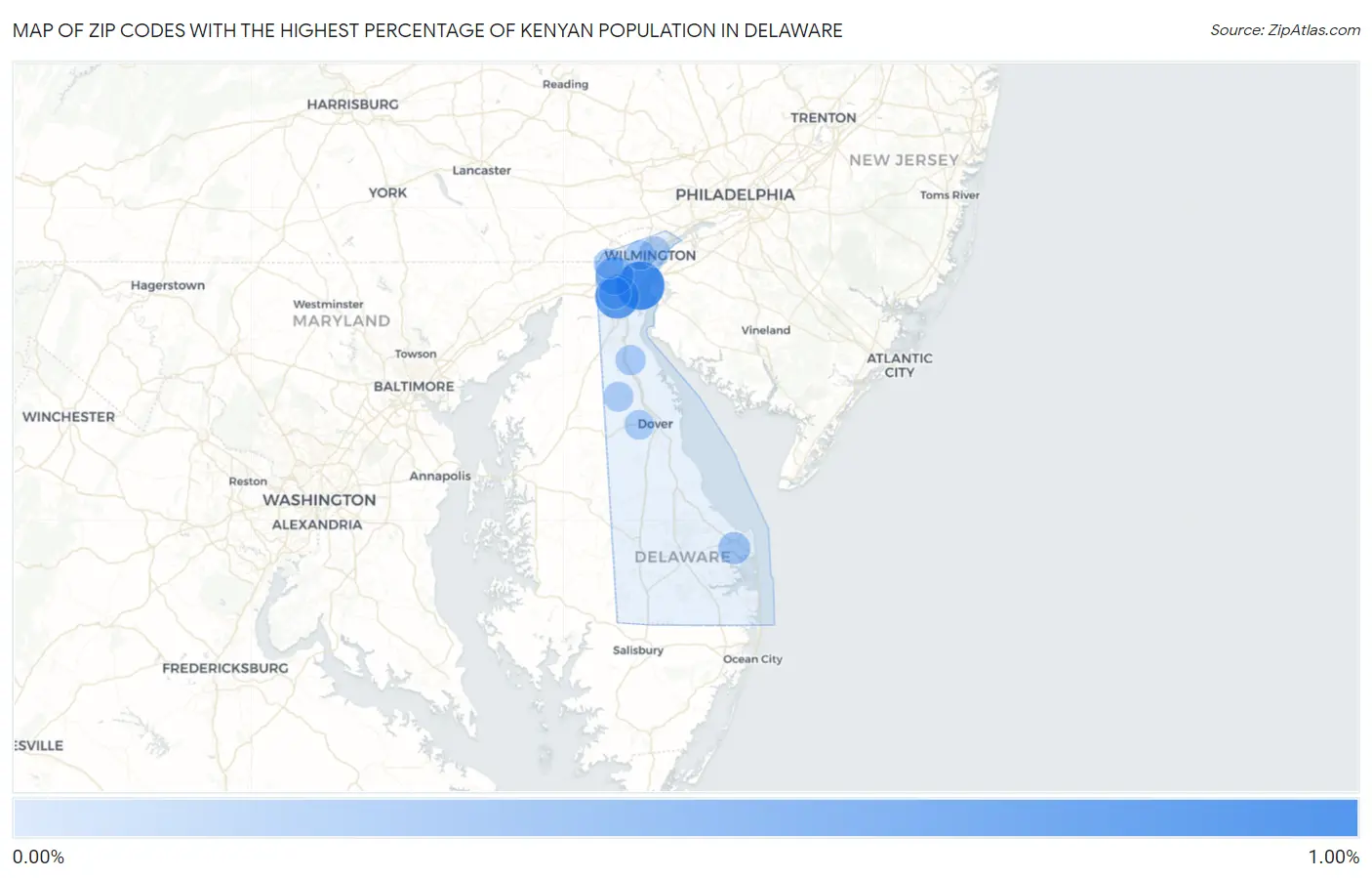 Zip Codes with the Highest Percentage of Kenyan Population in Delaware Map