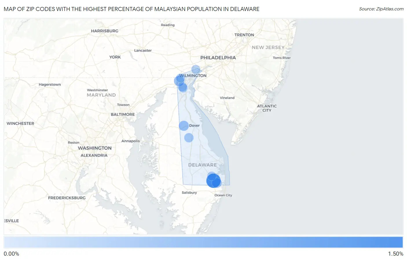 Zip Codes with the Highest Percentage of Malaysian Population in Delaware Map