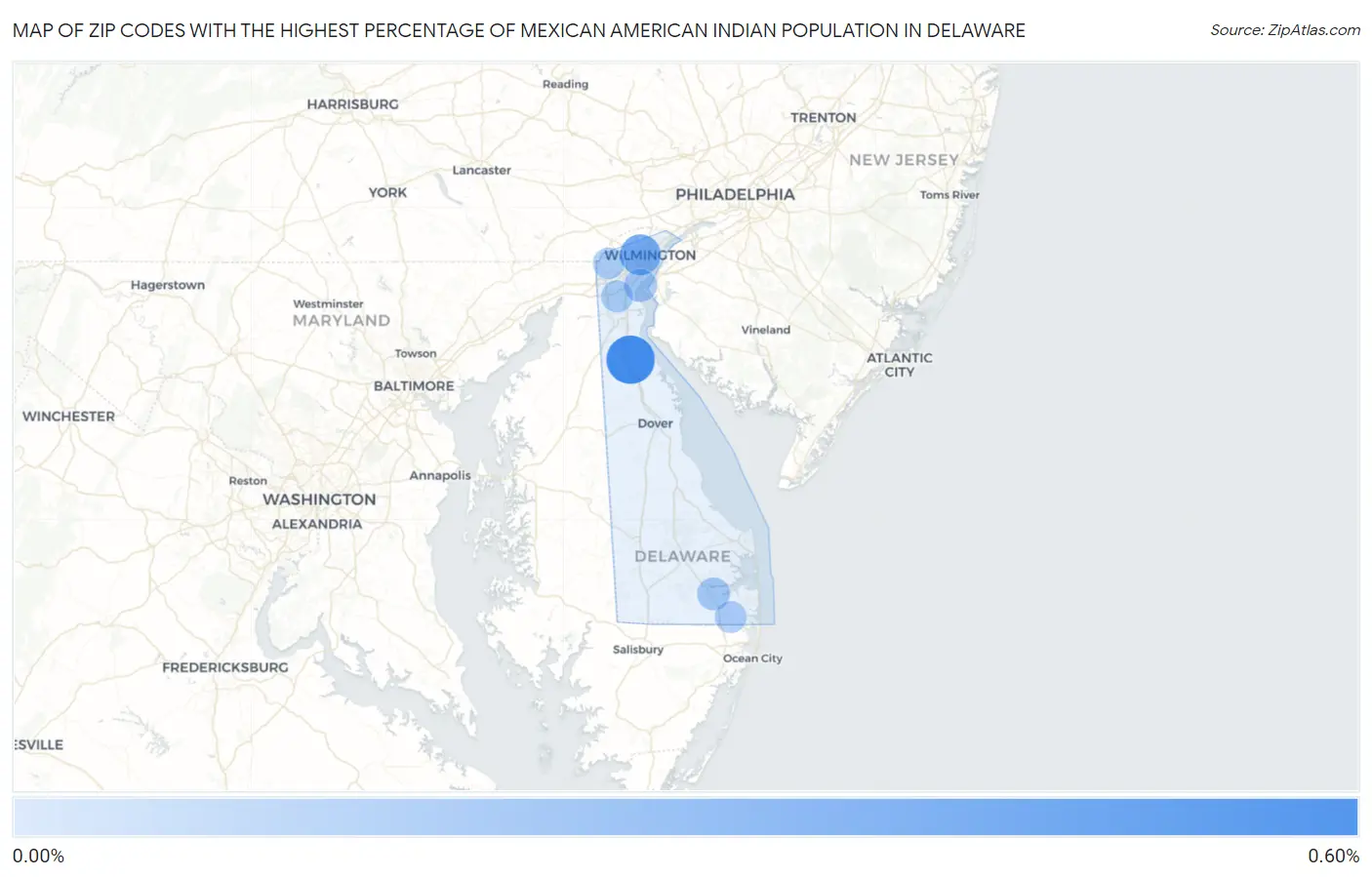 Zip Codes with the Highest Percentage of Mexican American Indian Population in Delaware Map