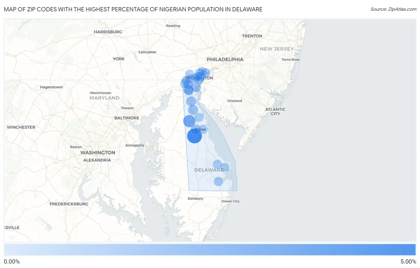 Zip Codes with the Highest Percentage of Nigerian Population in Delaware Map
