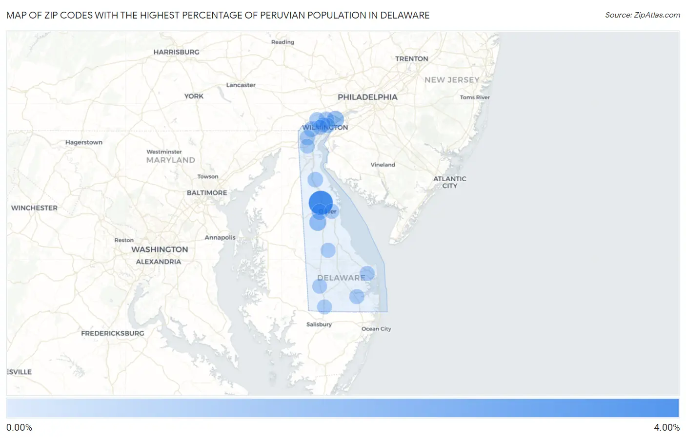 Zip Codes with the Highest Percentage of Peruvian Population in Delaware Map