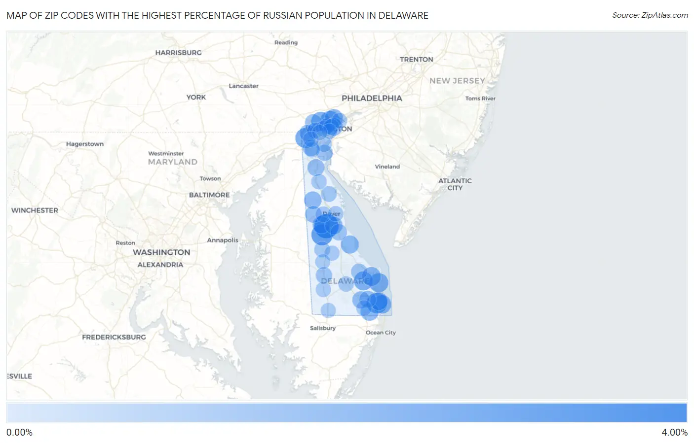 Zip Codes with the Highest Percentage of Russian Population in Delaware Map