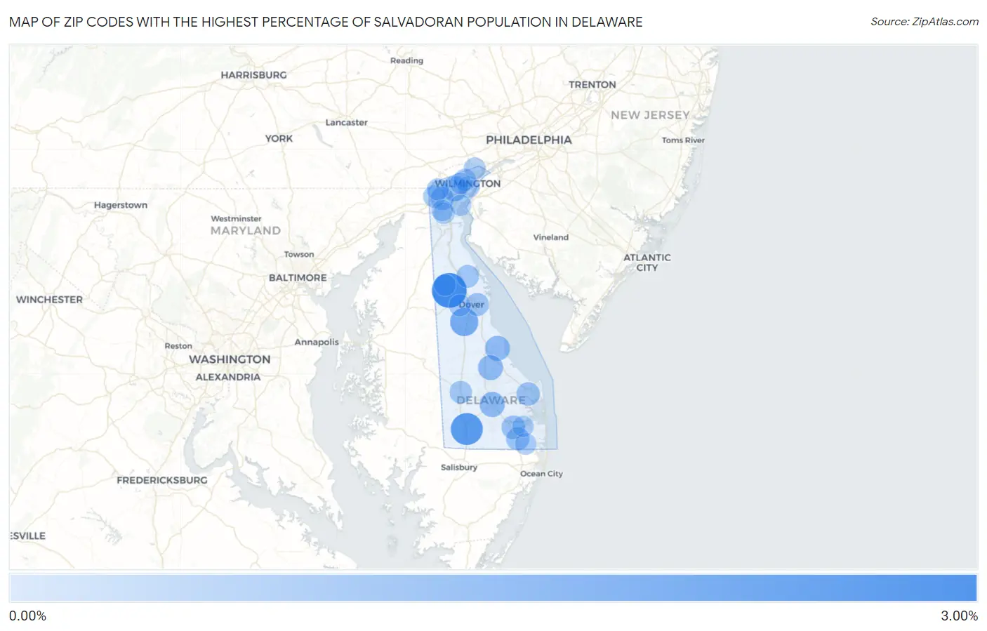 Zip Codes with the Highest Percentage of Salvadoran Population in Delaware Map