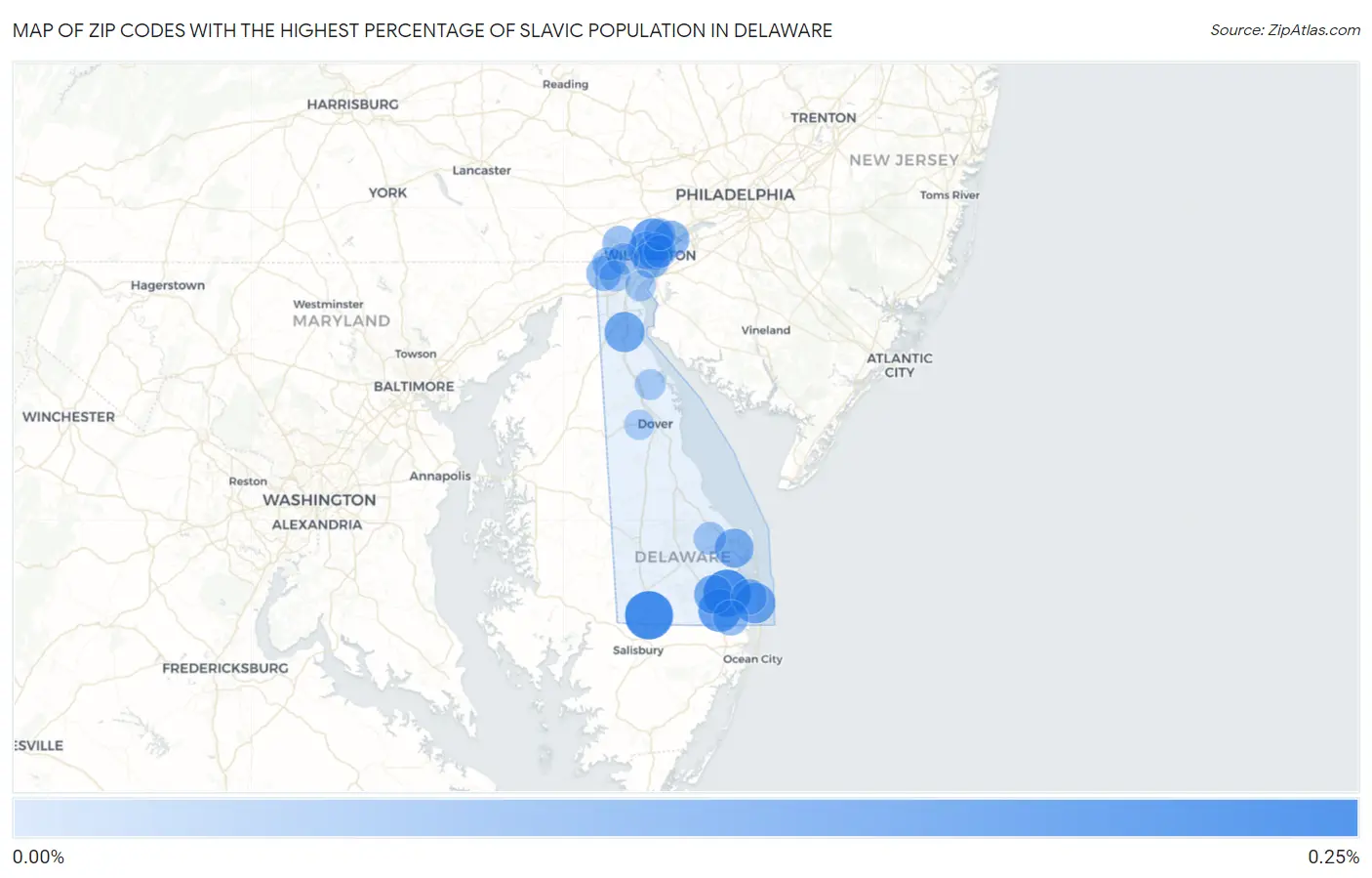 Zip Codes with the Highest Percentage of Slavic Population in Delaware Map