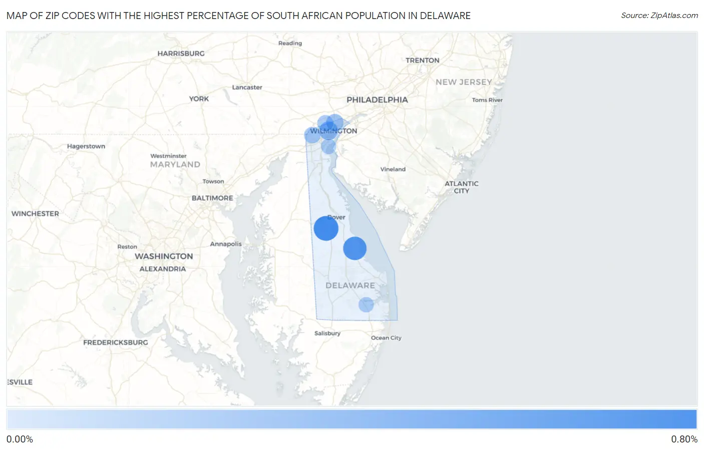 Zip Codes with the Highest Percentage of South African Population in Delaware Map