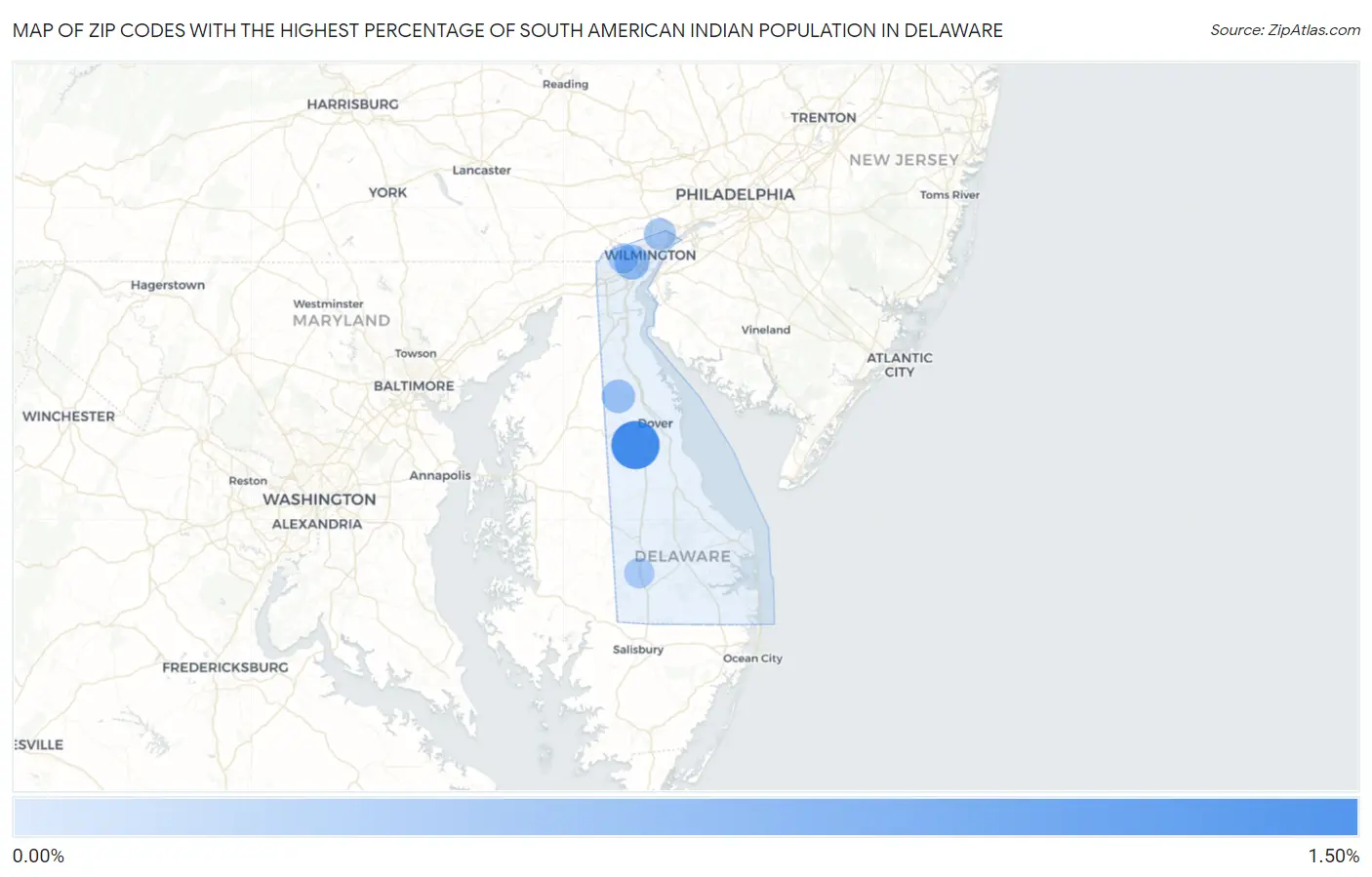 Zip Codes with the Highest Percentage of South American Indian Population in Delaware Map