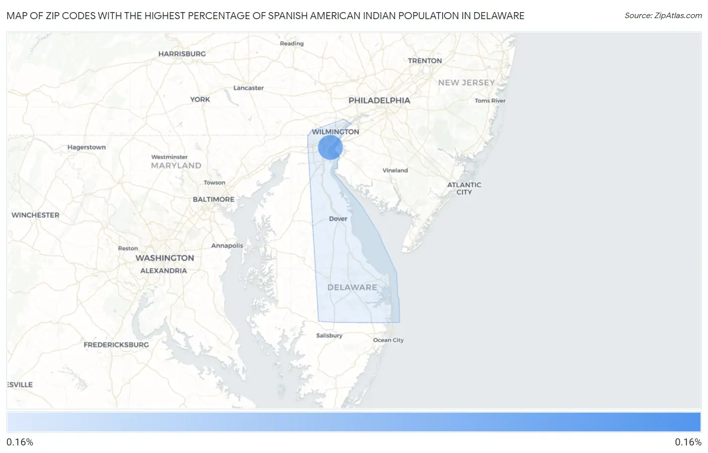 Zip Codes with the Highest Percentage of Spanish American Indian Population in Delaware Map