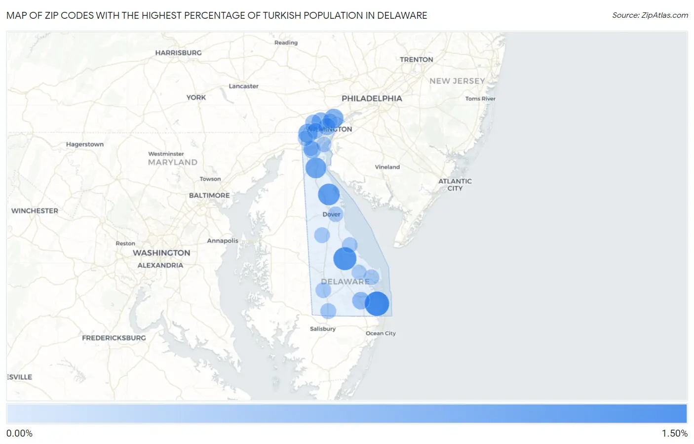 Zip Codes with the Highest Percentage of Turkish Population in Delaware Map