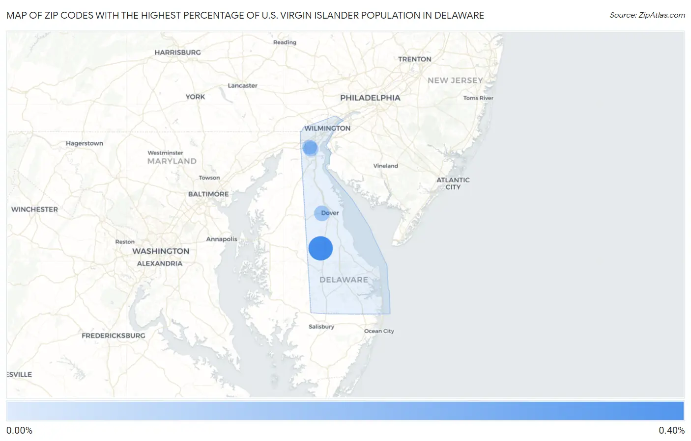 Zip Codes with the Highest Percentage of U.S. Virgin Islander Population in Delaware Map