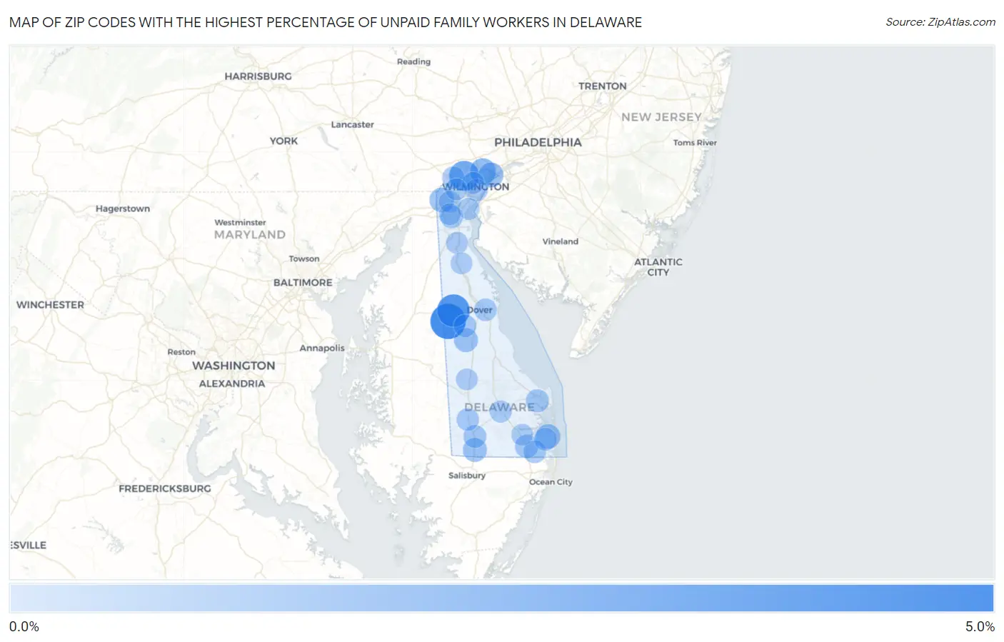 Zip Codes with the Highest Percentage of Unpaid Family Workers in Delaware Map