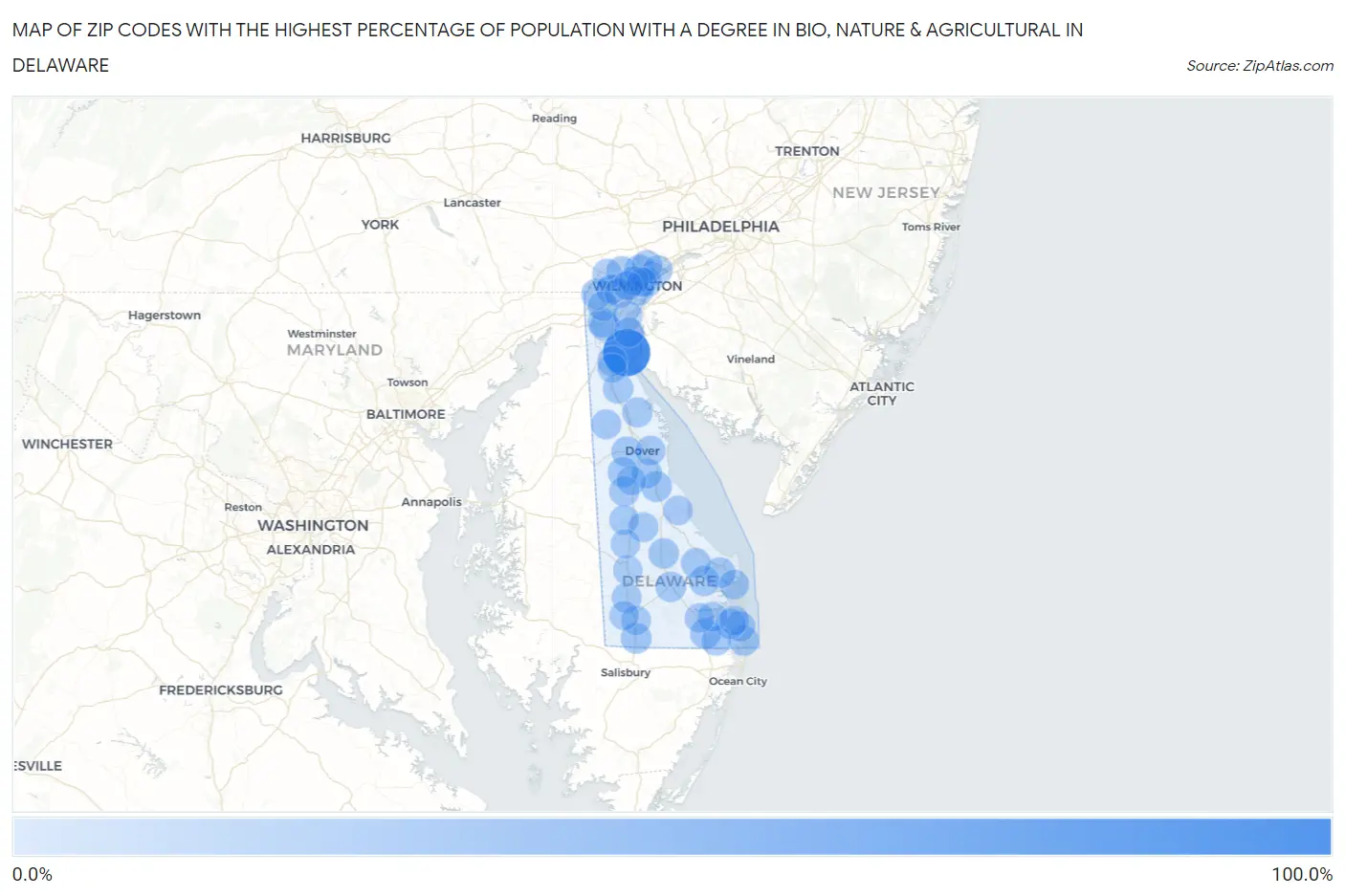 Zip Codes with the Highest Percentage of Population with a Degree in Bio, Nature & Agricultural in Delaware Map
