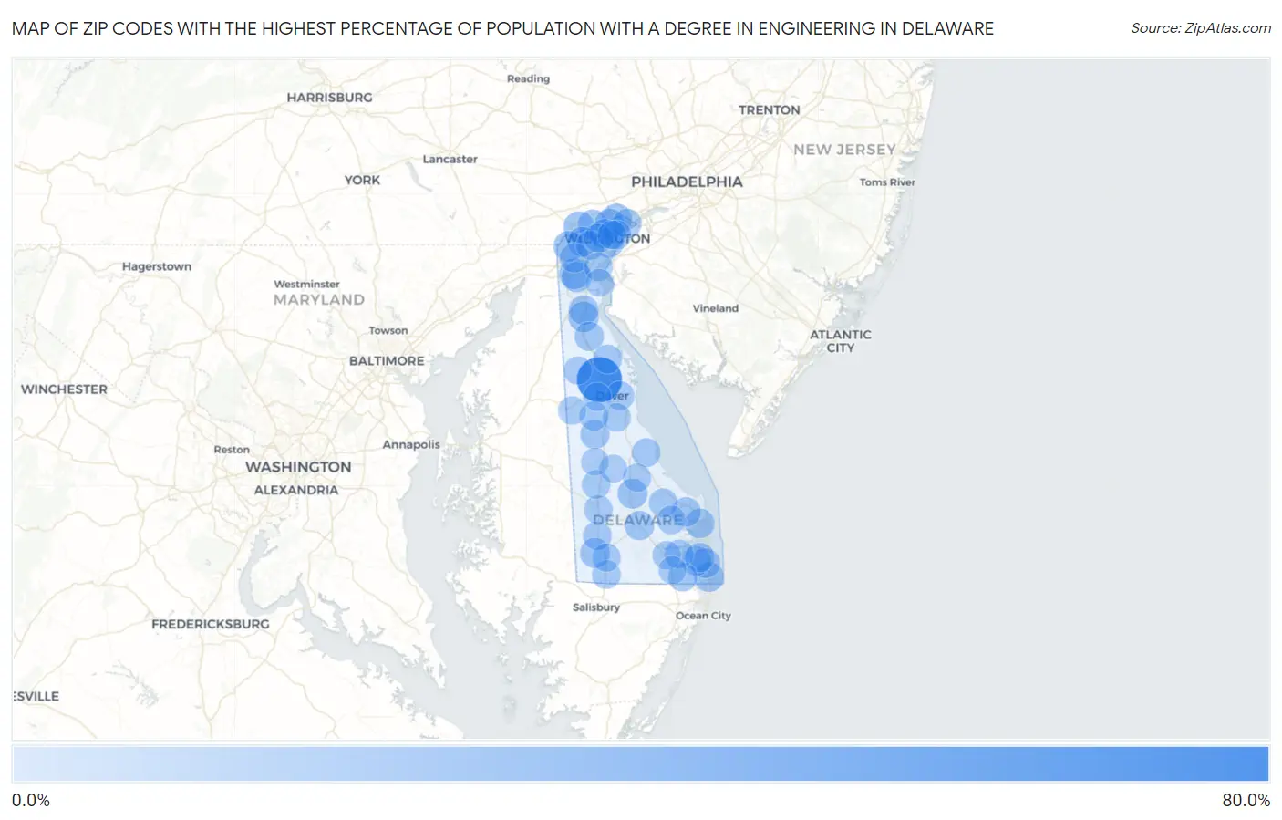 Zip Codes with the Highest Percentage of Population with a Degree in Engineering in Delaware Map