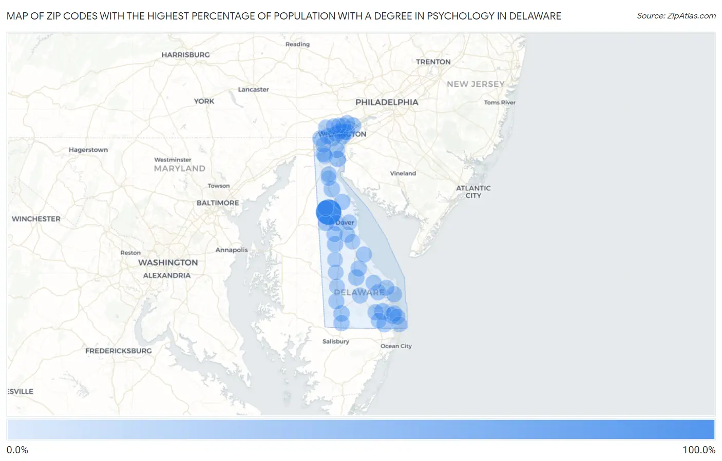Zip Codes with the Highest Percentage of Population with a Degree in Psychology in Delaware Map