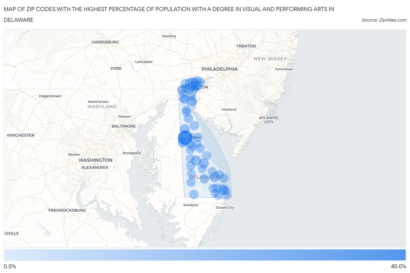 Zip Codes with the Highest Percentage of Population with a Degree in Visual and Performing Arts in Delaware Map