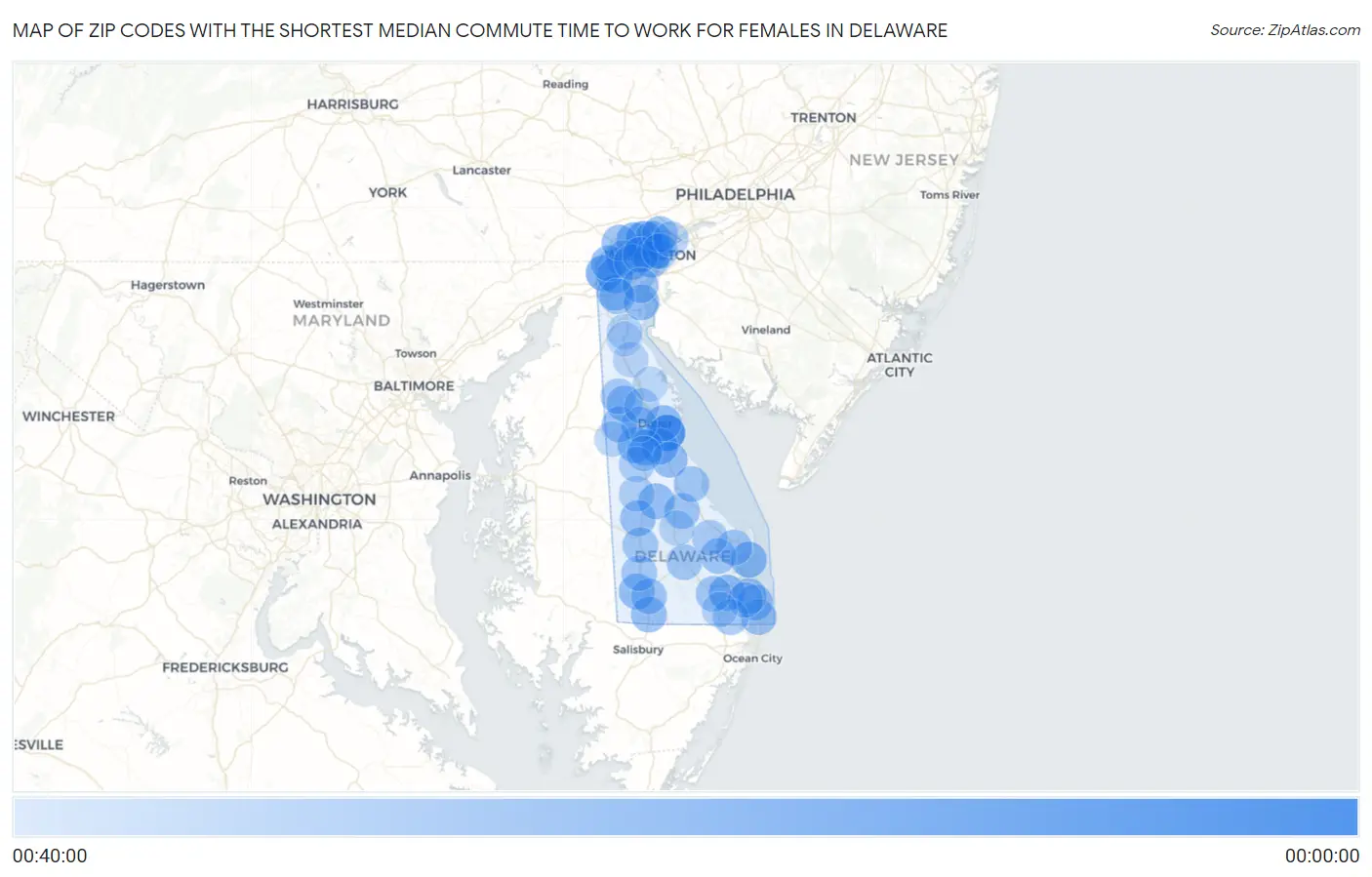 Zip Codes with the Shortest Median Commute Time to Work for Females in Delaware Map